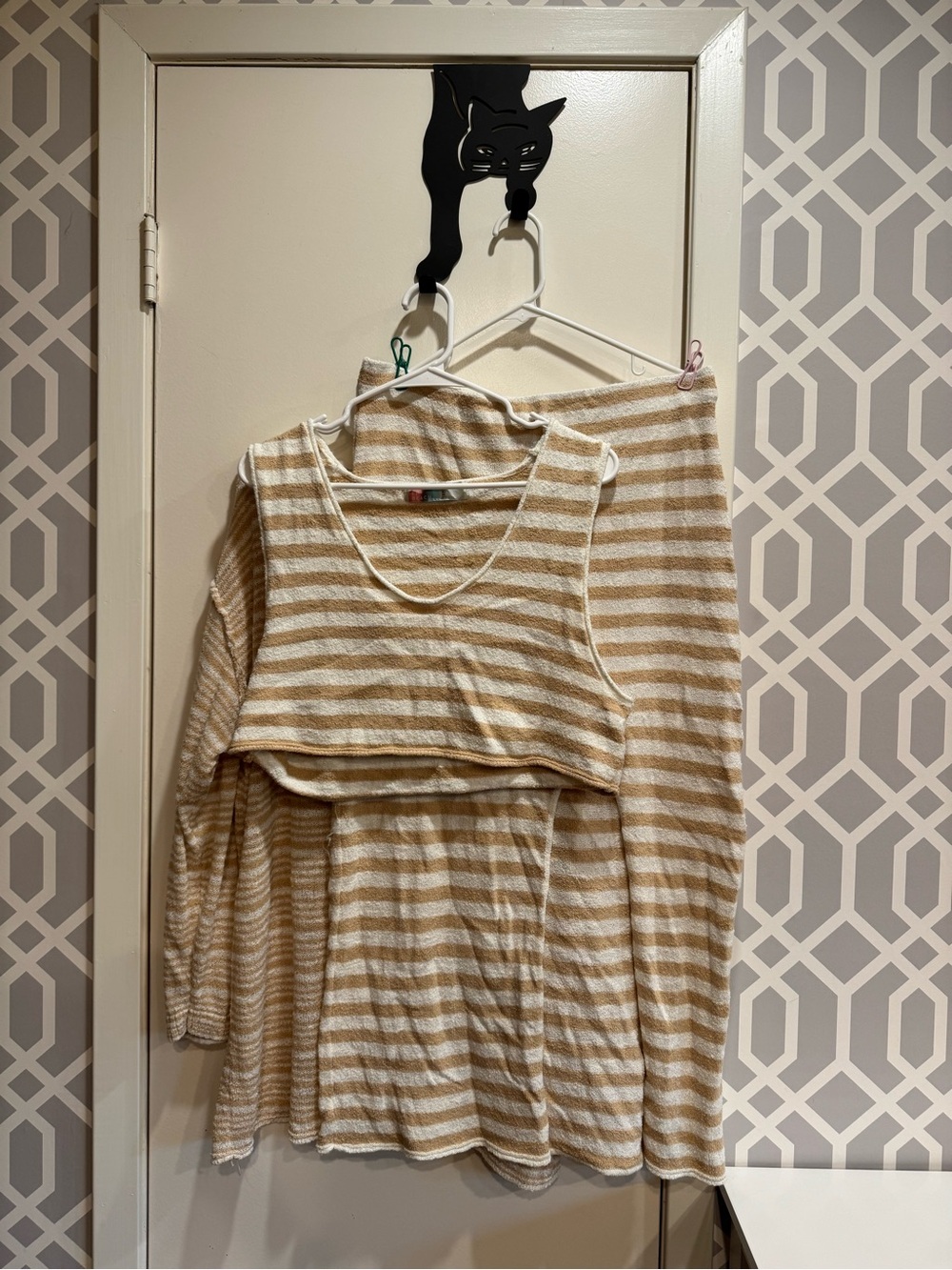 Free People Beige and White Striped Knit Skirt Set